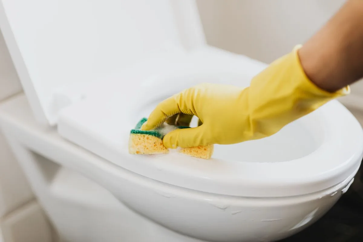 Hands installing a new rubber flapper inside an open toilet tank